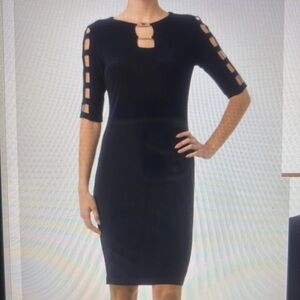 Joseph Ribkoff Midnight Blue Sheath Dress with Lattice Sleeve & Gold Bar Cutout